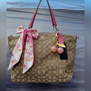 Coach Tan and Pink Women's Bag With Free Gifts Pink Scarf And Pink Cherry Charms